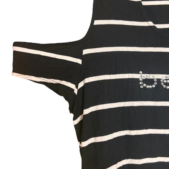 Bebe Striped Black/White Y2K Cut Out Rhinestone Baby Tee - Picture 2 of 5